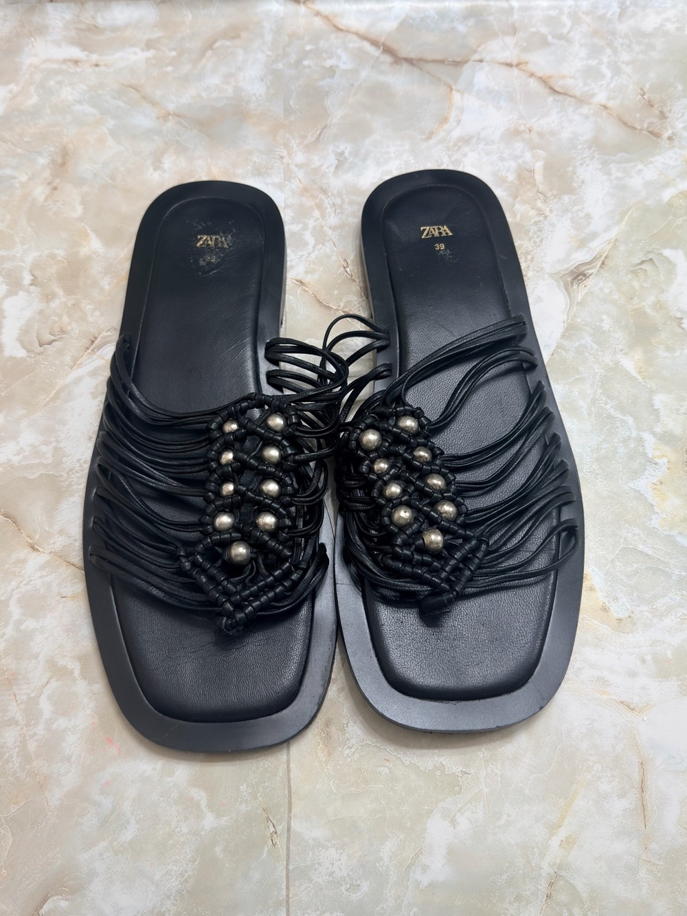 Zara Black Beaded Macramé Slide Sandals